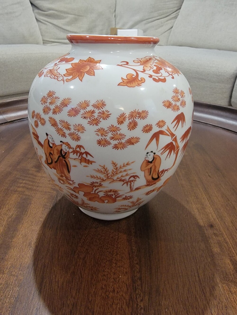 Vintage Japenese Ginger Jar. Orange and white in color.